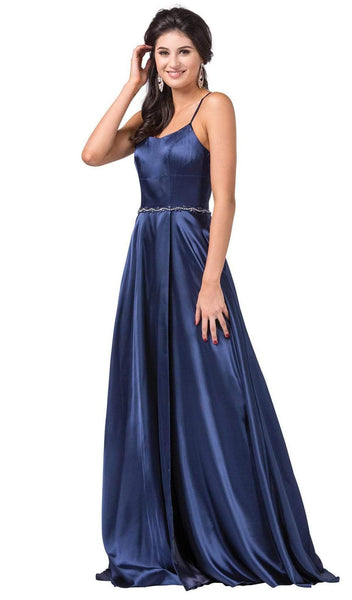 A-line Slit Back Zipper Fitted Open-Back Pocketed Belted Natural Waistline Scoop Neck Floor Length Sleeveless Spaghetti Strap Evening Dress