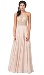 A-line Fitted Applique Back Zipper Flowy Natural Waistline Floor Length Halter Lace Sleeveless Dress