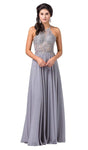 A-line Sleeveless Natural Waistline Halter Lace Fitted Flowy Back Zipper Applique Floor Length Dress