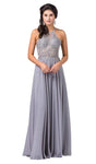 A-line Sleeveless Lace Flowy Applique Back Zipper Fitted Natural Waistline Floor Length Halter Dress