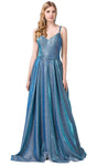 A-line V-neck Sleeveless Spaghetti Strap Glittering Pleated Wrap Dress with a Brush/Sweep Train