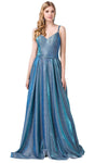 A-line V-neck Pleated Glittering Wrap Sleeveless Spaghetti Strap Dress with a Brush/Sweep Train