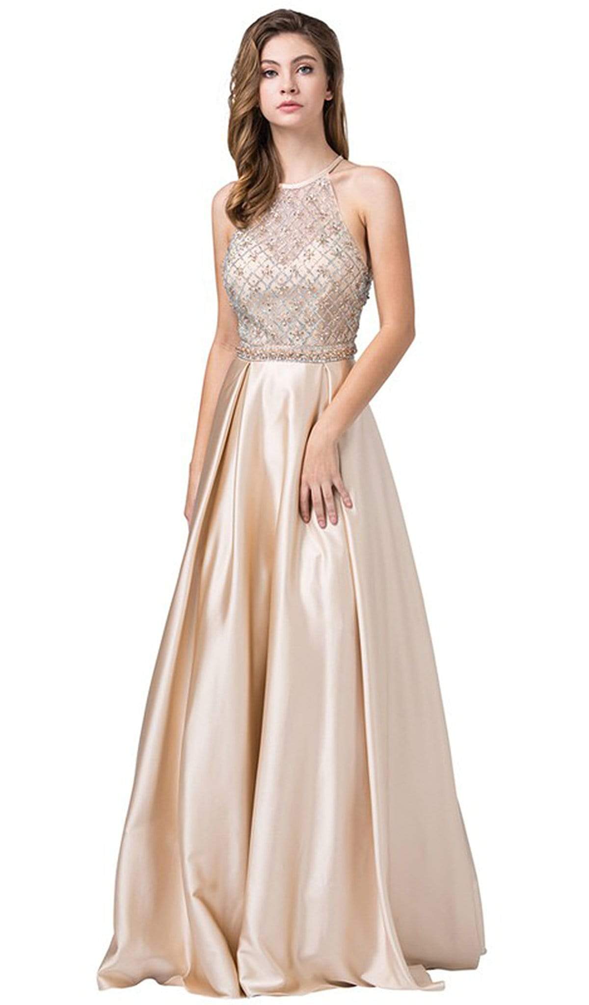 Dancing Queen - 2744 Embellished Halter Pleated A-line Gown