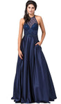 A-line Back Zipper Pocketed Fitted Glittering Pleated Halter Sweetheart Sleeveless Natural Waistline Evening Dress