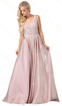 A-line V-neck Lace Open-Back Applique Sheer Pleated Floor Length Plunging Neck Prom Dress with a Brush/Sweep Train With Rhinestones