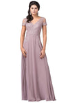 Sophisticated A-line V-neck Applique Jeweled Illusion Short Sleeves Sleeves Lace Floor Length Dress With Rhinestones