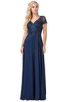 Sophisticated A-line V-neck Short Sleeves Sleeves Illusion Jeweled Applique Lace Floor Length Dress With Rhinestones