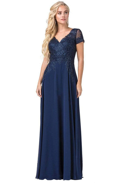 Sophisticated A-line V-neck Floor Length Short Sleeves Sleeves Applique Jeweled Illusion Lace Dress With Rhinestones