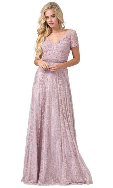 Sophisticated A-line V-neck Applique Floor Length Lace Natural Waistline Short Sleeves Sleeves Prom Dress with a Brush/Sweep Train