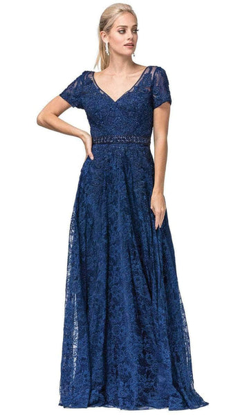 Sophisticated A-line V-neck Lace Applique Short Sleeves Sleeves Floor Length Natural Waistline Prom Dress with a Brush/Sweep Train