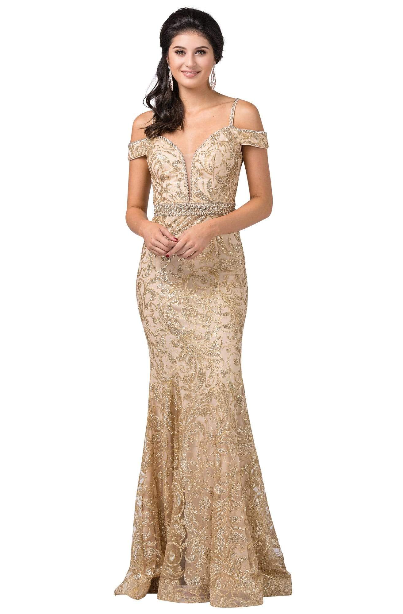 Dancing Queen - 2772 Embellished Deep Off-Shoulder Trumpet Dress