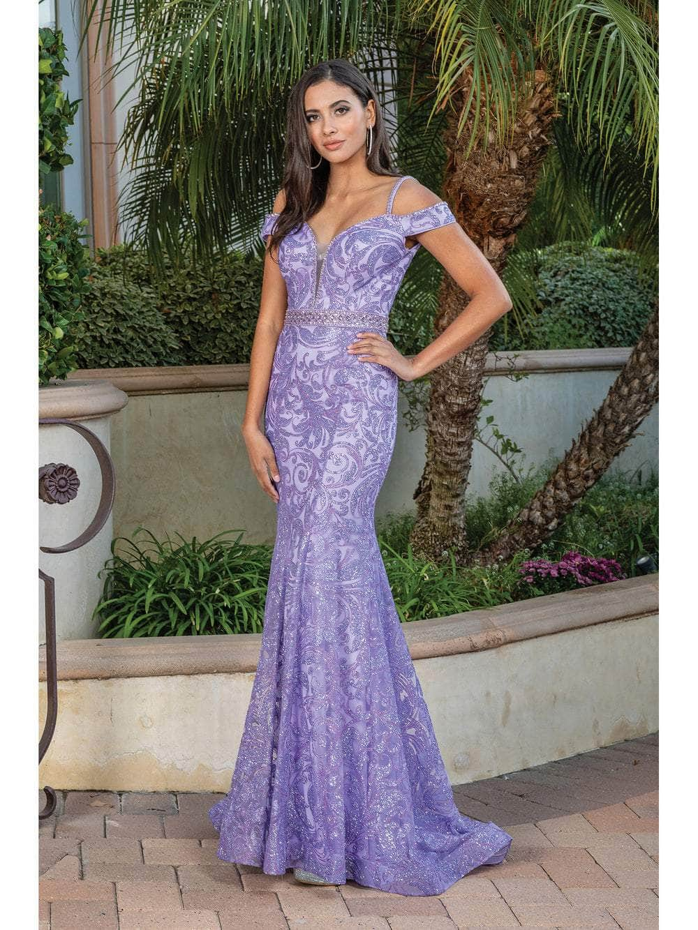 Dancing Queen - 2772 Embellished Deep Off-Shoulder Trumpet Dress
