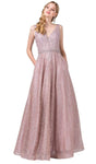 A-line V-neck Sleeveless Floor Length Plunging Neck Glittering V Back Sheer Dress