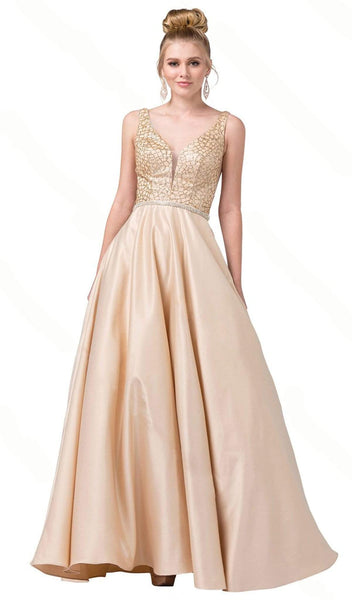 Sophisticated A-line V-neck Floor Length Plunging Neck Fitted Pleated V Back Sheer Princess Seams Waistline Evening Dress/Prom Dress With Rhinestones