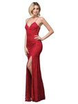 V-neck Sleeveless Spaghetti Strap Floor Length Sheath Halter Plunging Neck Natural Waistline Sheer Fitted Back Zipper Slit Sheath Dress with a Brush/Sweep Train