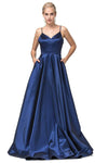 A-line V-neck Pleated Pocketed Back Zipper Fitted Fall Satin Floor Length Sleeveless Spaghetti Strap Empire Princess Seams Waistline Evening Dress