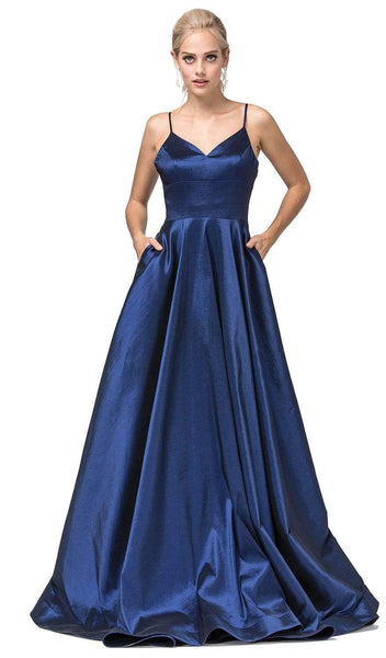 A-line V-neck Empire Princess Seams Waistline Fitted Pocketed Pleated Back Zipper Satin Sleeveless Spaghetti Strap Floor Length Fall Evening Dress