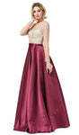 A-line V-neck Satin Long Sleeves Beaded Open-Back Back Zipper Illusion Natural Waistline Floor Length Dress