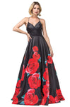 V-neck Pleated Open-Back Fitted Sleeveless Spaghetti Strap Empire Princess Seams Waistline Floral Print Floor Length Evening Dress