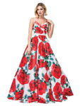 V-neck Floor Length Floral Print Ruched Pleated Open-Back Fitted Back Zipper Spaghetti Strap Fall Natural Waistline Dress