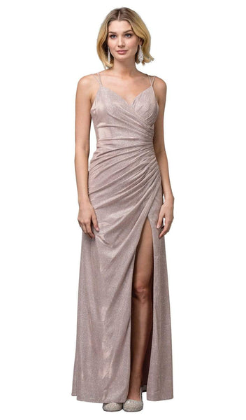 Tall V-neck Metallic Back Zipper Open-Back Pleated Gathered Slit Glittering Faux Wrap Sheath Sweetheart Spaghetti Strap Natural Waistline Floor Length Sheath Dress