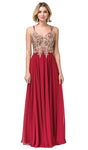 A-line V-neck Plunging Neck Back Zipper Embroidered Natural Waistline Sleeveless Floor Length Evening Dress