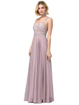 A-line V-neck Sleeveless Natural Waistline Plunging Neck Floor Length Back Zipper Embroidered Evening Dress