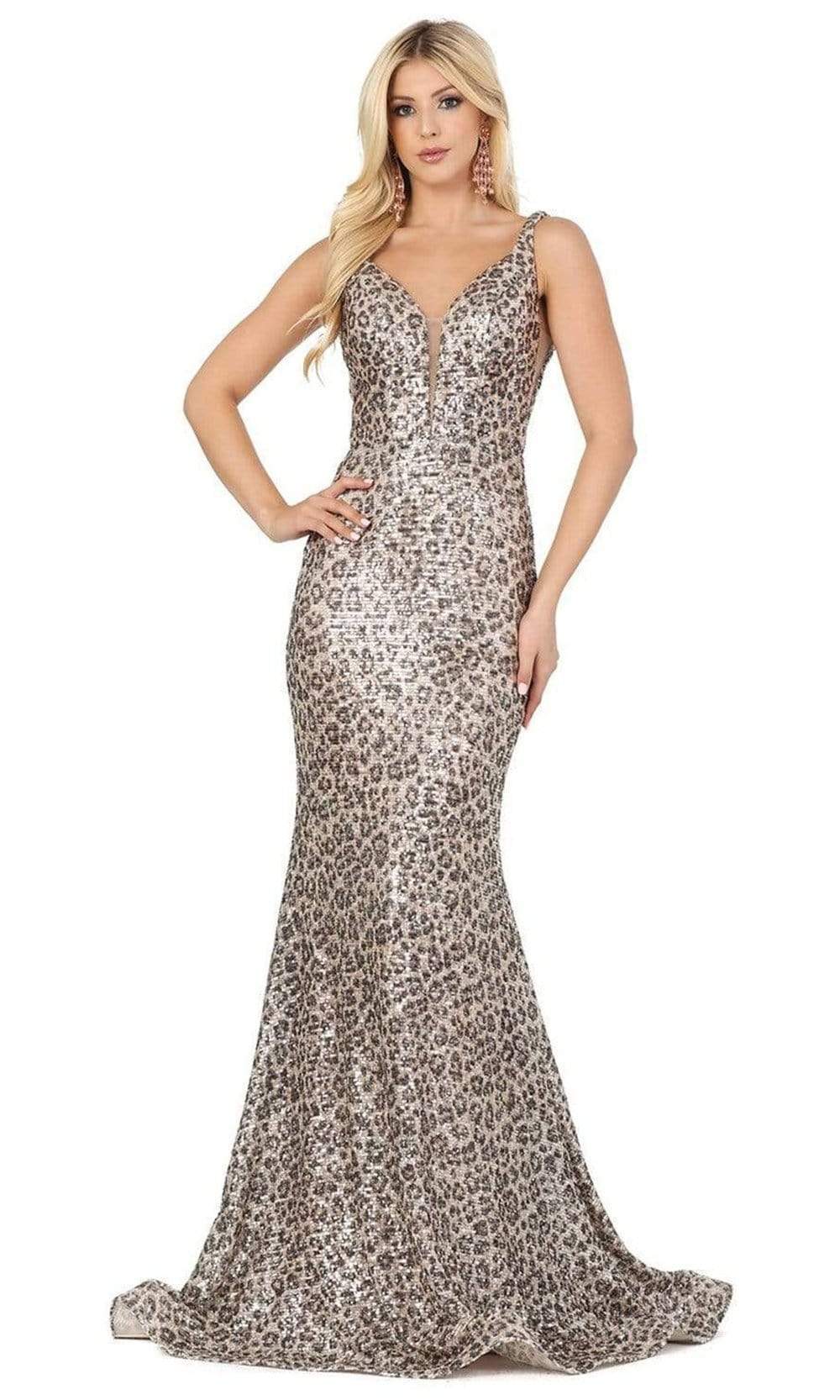 Dancing Queen - 2921 Printed Deep V-neck Trumpet Dress
