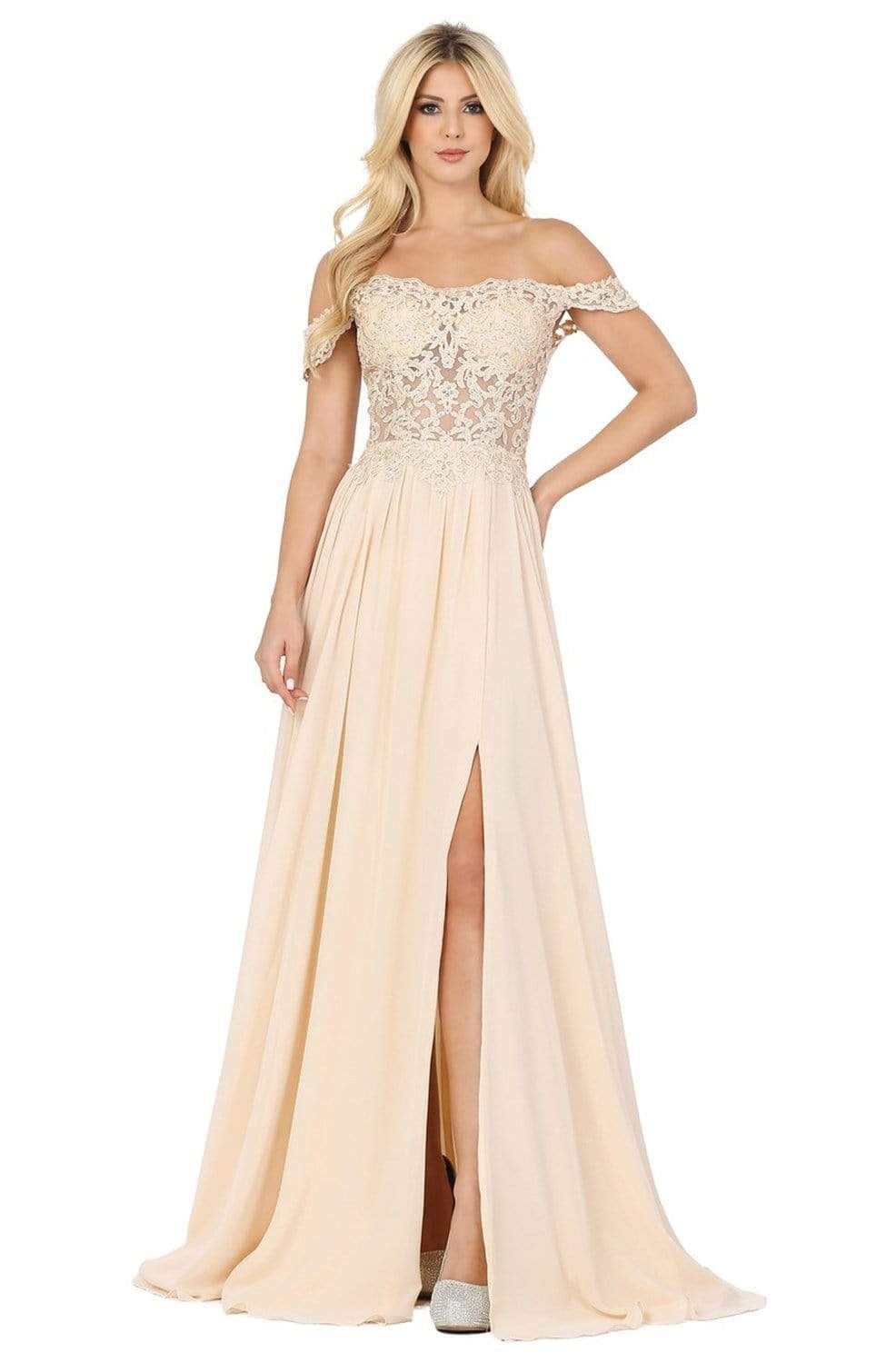 Dancing Queen - 2933 Beaded Lace Applique Bodice High Slit Prom Dress