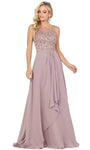 A-line Sleeveless Floral Print Sheer V Back Fitted Ruched Bateau Neck Natural Waistline Floor Length Party Dress