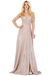 A-line V-neck Natural Waistline Pleated Ruched Slit Open-Back Sleeveless Spaghetti Strap Dress with a Brush/Sweep Train
