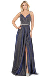 A-line V-neck Pleated Open-Back Ruched Slit Sleeveless Spaghetti Strap Natural Waistline Dress with a Brush/Sweep Train