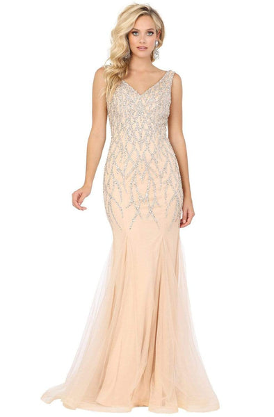 Tall V-neck Sleeveless Metallic Beaded Open-Back Plunging Neck Mermaid Corset Natural Waistline Dress with a Brush/Sweep Train