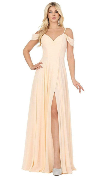 A-line Floor Length Back Zipper Slit Draped Fitted Elasticized Natural Princess Seams Waistline Cold Shoulder Sleeves Off the Shoulder Sweetheart Prom Dress