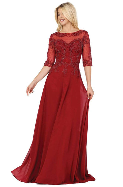 A-line 3/4 Sleeves Floor Length Bateau Neck Sweetheart Natural Waistline Embroidered Sheer Fitted Evening Dress