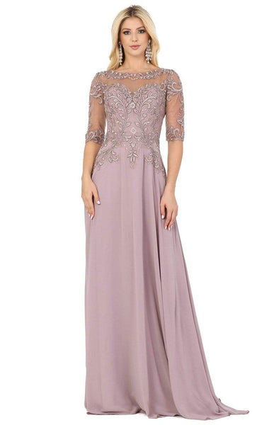 A-line Bateau Neck Sweetheart Natural Waistline 3/4 Sleeves Fitted Embroidered Sheer Floor Length Evening Dress