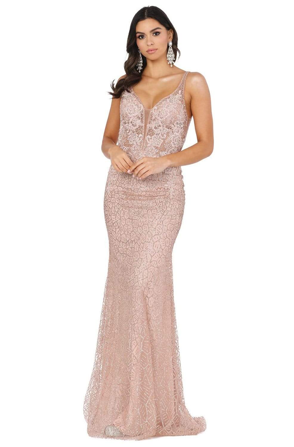 Dancing Queen - 2985 Embellished Deep V-neck Trumpet Dress
