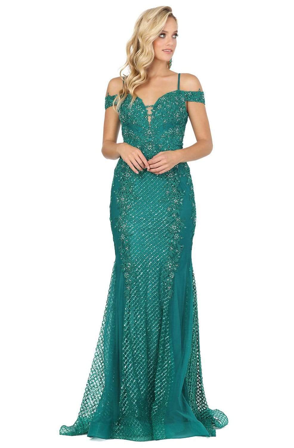 Dancing Queen - 2995 Off Shoulder Deep V-Neck Lace Sequins Prom Gown
