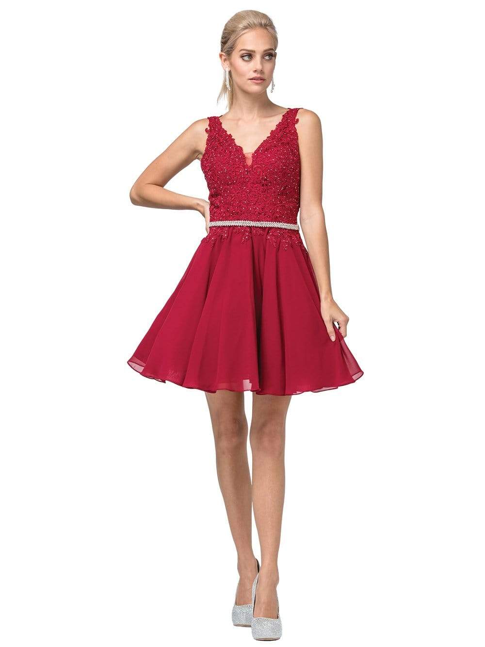 Dancing Queen - 3011 Plunging V-Neck Lace Bodice Homecoming Dress