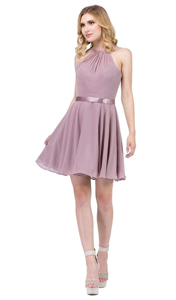 A-line Halter Cocktail Short Belted Fitted Back Zipper Fit-and-Flare Sleeveless Natural Waistline Homecoming Dress