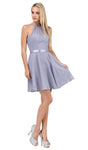 A-line Fit-and-Flare Belted Fitted Back Zipper Sleeveless Halter Natural Waistline Cocktail Short Homecoming Dress