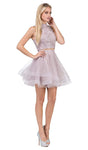 A-line Floral Print Sleeveless Embroidered Tiered Sheer Keyhole Halter Homecoming Dress