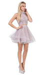 A-line Sleeveless Floral Print Tiered Sheer Keyhole Embroidered Halter Homecoming Dress