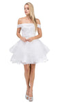 A-line Off the Shoulder Asymmetric Tiered Open-Back Applique Beaded Short Natural Waistline Homecoming Dress