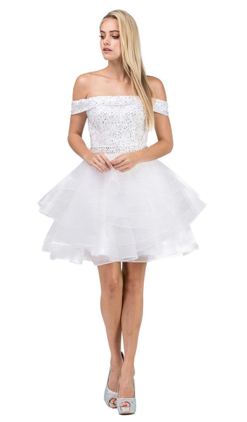 A-line Short Natural Waistline Off the Shoulder Beaded Open-Back Tiered Applique Asymmetric Homecoming Dress