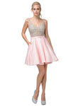 A-line V-neck Cocktail Fitted Wrap Jeweled Sleeveless Homecoming Dress