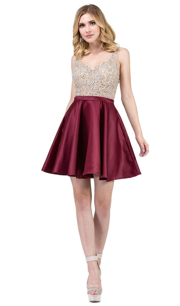 A-line V-neck Sleeveless Cocktail Wrap Fitted Jeweled Homecoming Dress