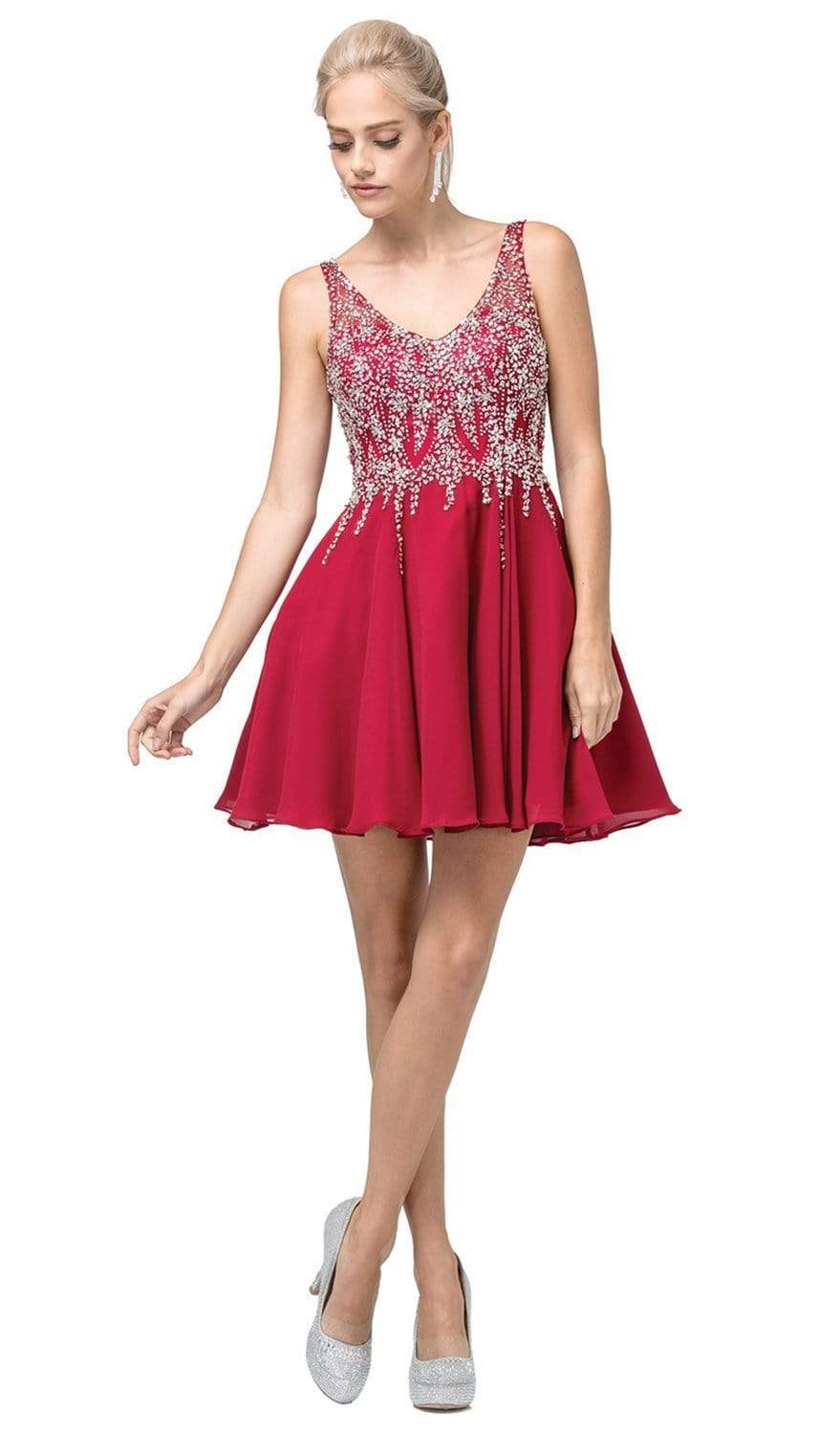 Dancing Queen - 3129 Embellished V-Neck A-Line Cocktail Dress
