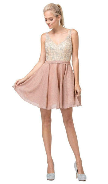 A-line V-neck Natural Waistline Cocktail Short Sleeveless Back Zipper Gathered Pocketed Beaded Fitted Homecoming Dress