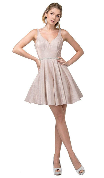 Sophisticated A-line V-neck Sleeveless Fall Belted Back Zipper Pleated Beaded V Back Fitted Natural Princess Seams Waistline Cocktail Above the Knee Dress